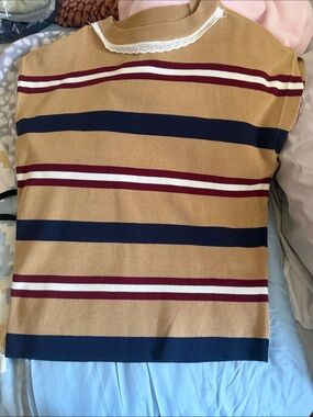 Striped Cropped Knit Top in Tan and Navy